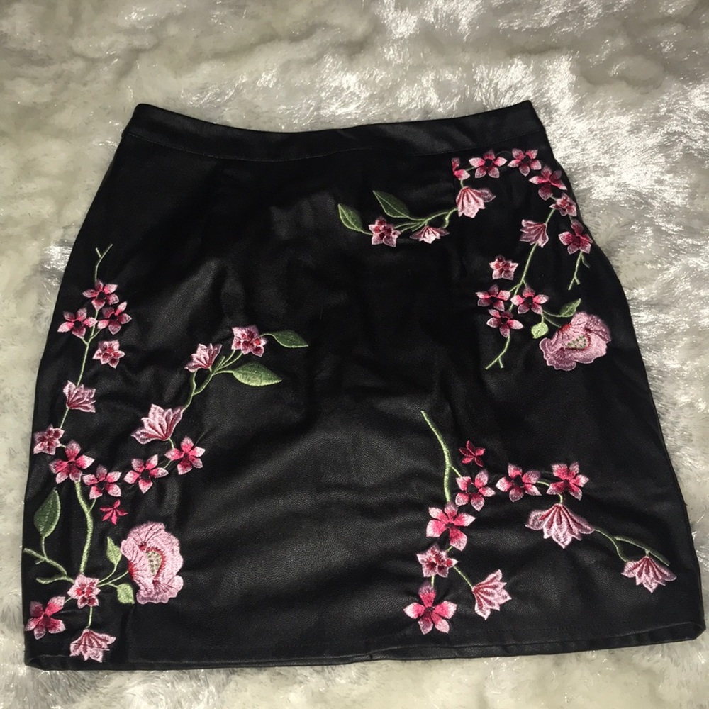 Black leather floral skirt